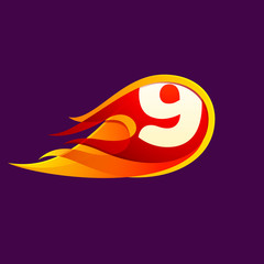 Number nine with red fire flames.