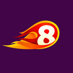 Number eight with red fire flames.