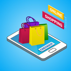 Isometric Smartphone with colorful shopping bags. 
