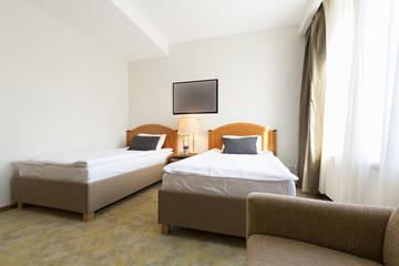 Interior of a double bed hotel room