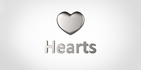 Hearts 3D silver chrome metal text and heart on white gray background