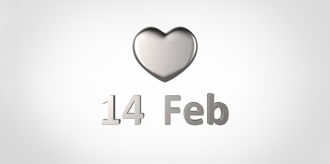 14 Feb 3D silver chrome metal text and heart on white gray background
