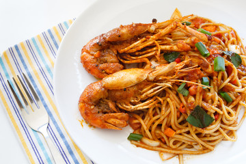Italian Thai Fusion food  spaghetti stir fry with Thai spicy  an