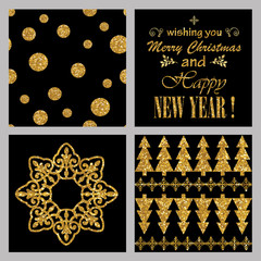 Christmas and New Year cards collection. Golden glitter invitation cards design.