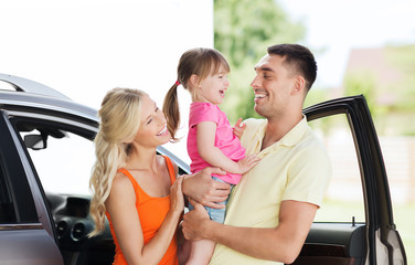 happy family with child laughing at car parking