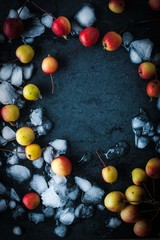 Frame of the apples in the snow on the dark background  vertical