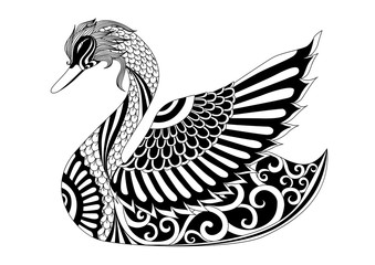 Drawing zentangle swan for coloring page, shirt design effect, logo, tattoo and decoration.