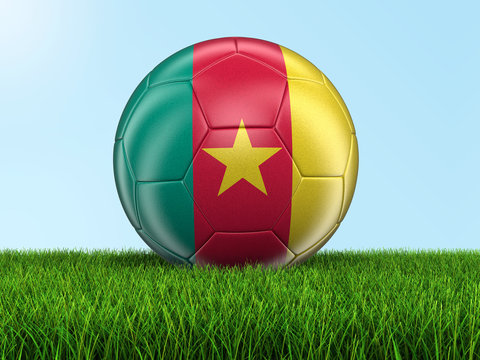 Soccer football with Cameroon flag on grass. Image with clipping path