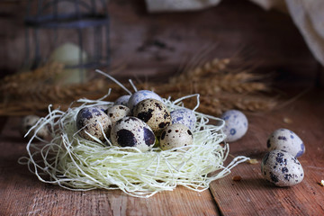 Quail eggs in a nest on a wooden background