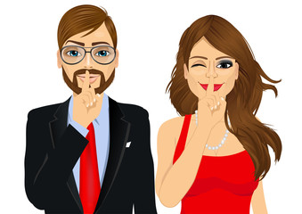 couple making silence or secret hand gesture