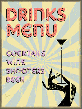 Drinks menu, vintage style, free copy space, vector illustration