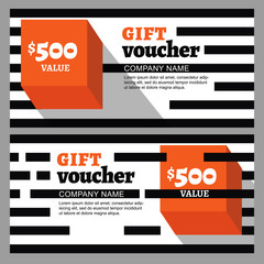 Vector gift voucher with striped pattern and orange cube.