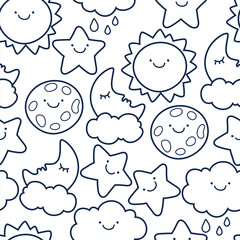 Funny sketching line style illustration of star, sun, cloud, moo