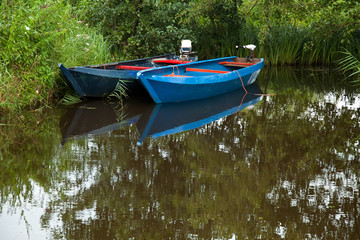 Obraz premium Two blue boats parked on a lake surrounded with plants and bushes.