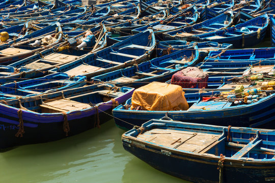 Blue fishing boats in fishing village called essaouria,Morocco