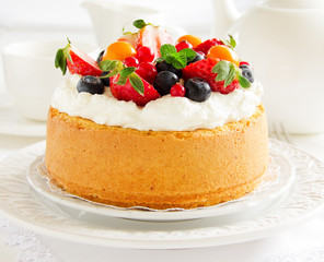 Chiffon cake with summer berries and cream.