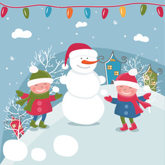 Illustration cartoon doodle girls in winter.Vector