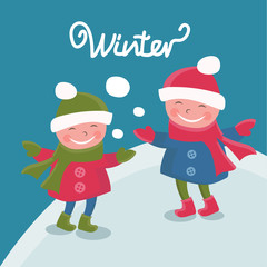 Illustration cartoon doodle girls in winter.Vector