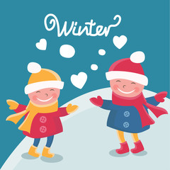 Illustration cartoon doodle girls in winter.Vector