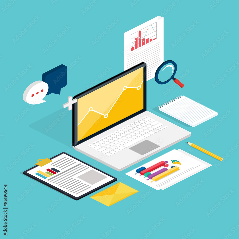Poster web of analytics process with claptop and development website st