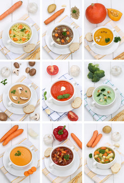 Collage Suppe Suppen Tomatensuppe Gemüse Gemüsesuppe in Teller