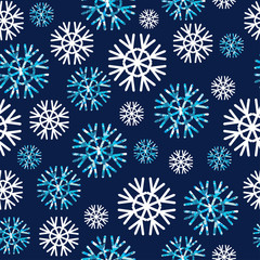 Fototapeta na wymiar Vector illustration Festive Christmas and New Year seamless snowflakes pattern. Blue and white.