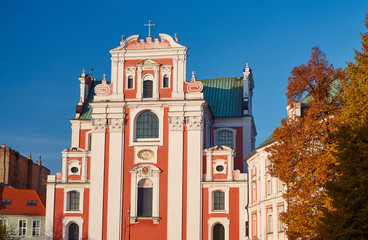 facade of baroque parish church in Poznan.