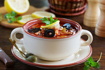 Meat solyanka- traditional Russian soup.