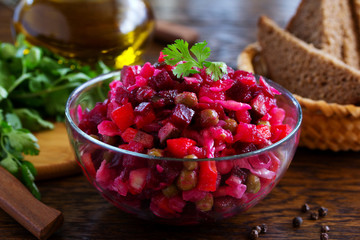 Vinegret- traditional Russian beet salad and vegetables.