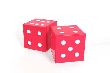 3D illustration of red plastic dice over a white background.