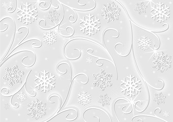 Christmas White Decoration - Snowy Background with Florals and Snowflakes, Illustration