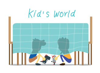 Kids playing toy under table which has blue tablecloth cover a table but can see them shadow from outer. This illustration meaning world of fun in imagine for kids.