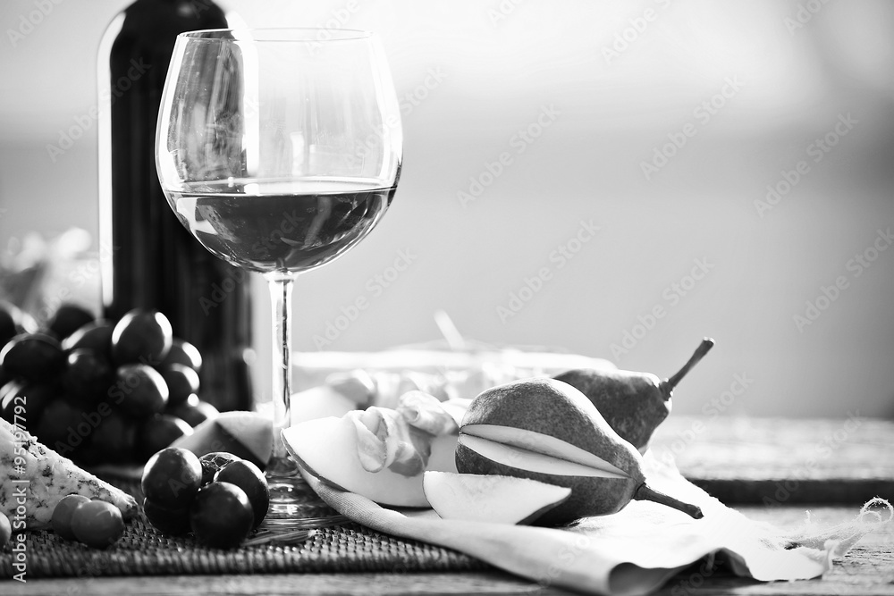 Wall mural still life with various types of italian food and wine, black and white retro stylization