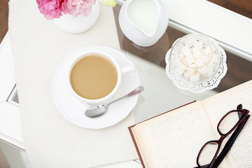 Cup of coffee on table close up