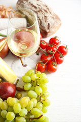 Still life with various types of Italian food and wine