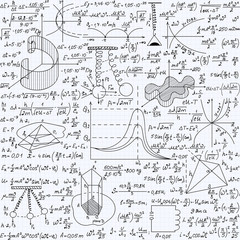 Physical vector seamless pattern with the equations, figures, schemes, plots and other calculations, handwritten texture on a copybook paper sheet