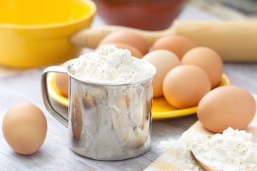 Dough preparation. Baking ingredients: egg and flour.