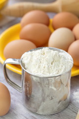 Dough preparation. Baking ingredients: egg and flour.