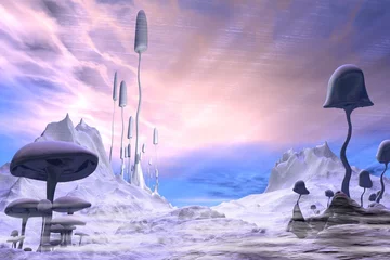 Photo sur Plexiglas Violet Paysage extraterrestre gelé avec ciel dramatique - illustration de science-fiction