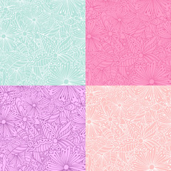 Set of 4 doodle flowers seamless patterns.