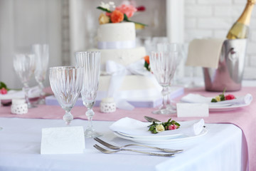 Beautiful served table for wedding or other celebration in restaurant