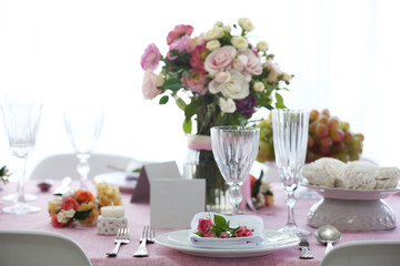 Beautiful served table for wedding or other celebration in restaurant