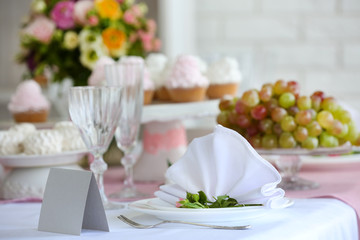 Beautiful served table for wedding or other celebration in restaurant
