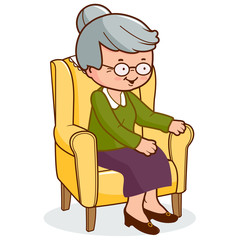 Old woman sitting in her armchair at home. Vector Illustration
