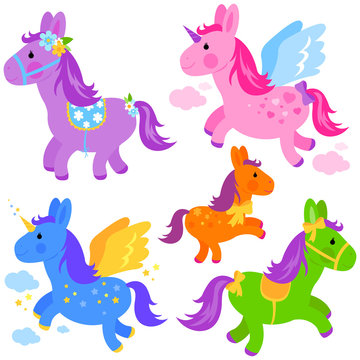 Cute pony horses and unicorns. Vector Illustration set.