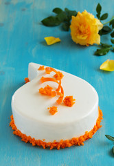 carrot cake with pecans, honey mousse, glazed.