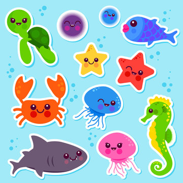 Set of colorful sea animals swimming underwater. Vector illustration