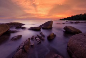 Fototapeta na wymiar Beautiful seascape Sunset Long exposure shooting technique.