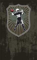 american football scene with shield and poster