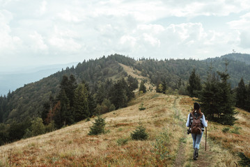 Fototapeta premium beautiful happy stylish traveling girl in the mountains on a bac